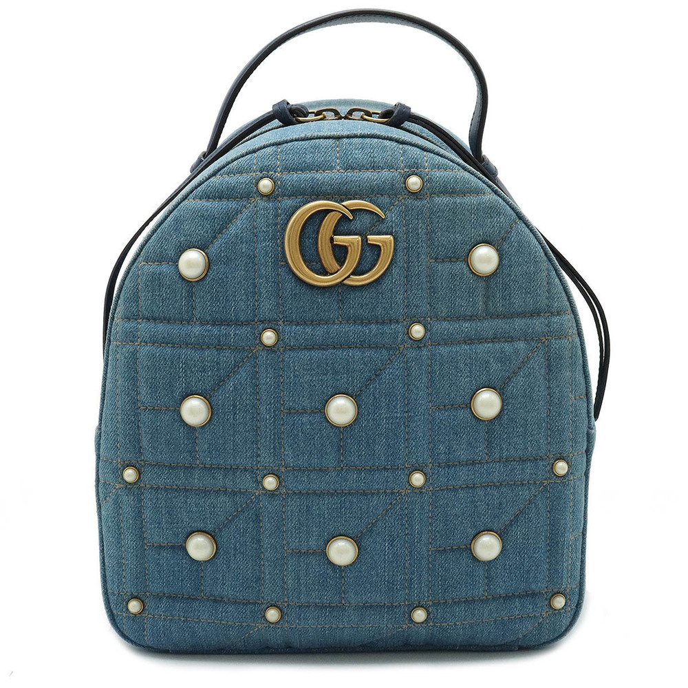 Gucci GG Marmont Backpack Denim Faux Pearl Leather Blue